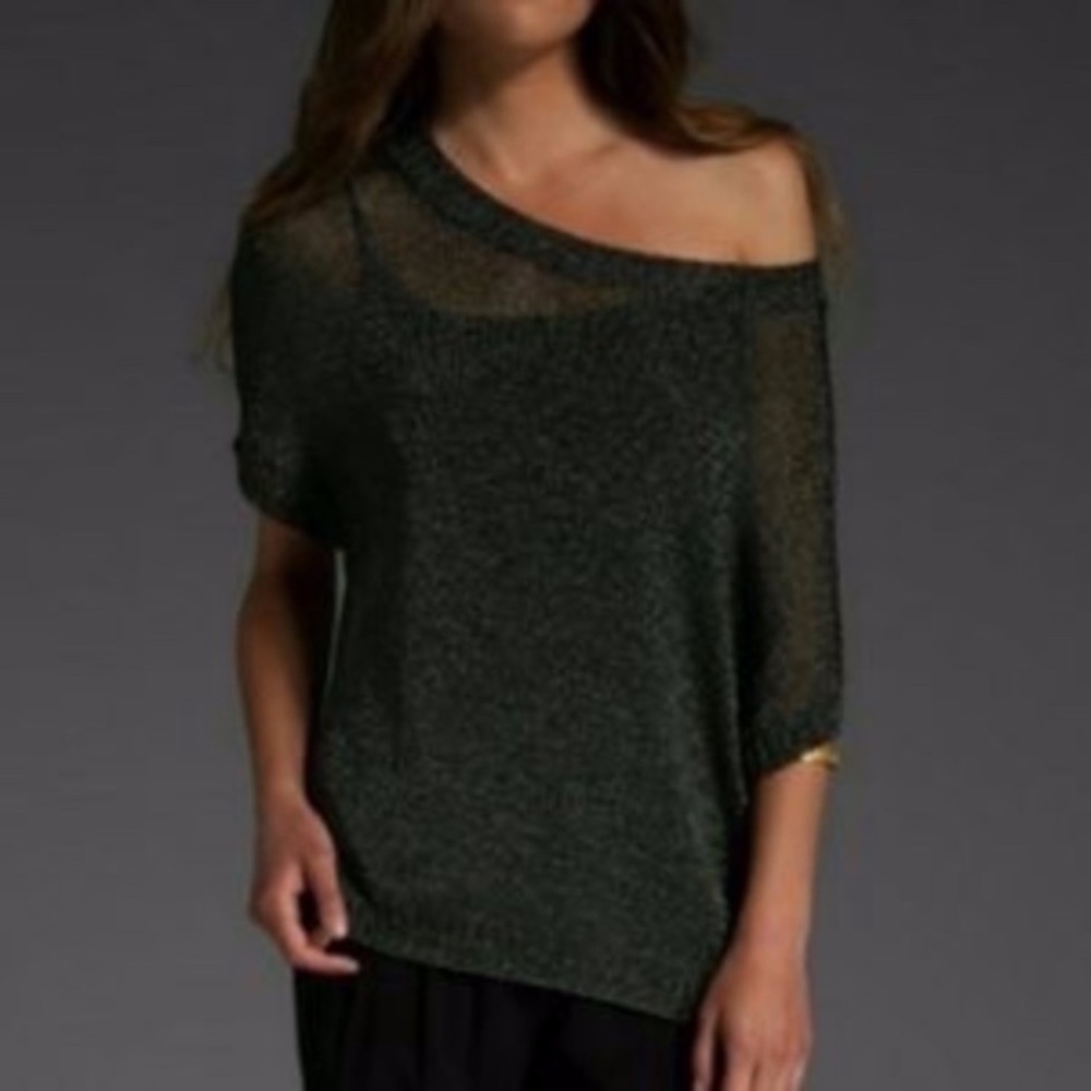 Vince Metallic Green Off-Shoulder Crop Sweater | Fall Holiday | XS